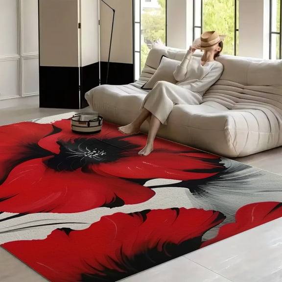 RKSupls 4x3ft Red Poppies Black White Art Soft Fluffy Velvet Area Rug for Living Room Bedroom, Non-Slip Washable Carpet, Chic Minimalist Home Decor