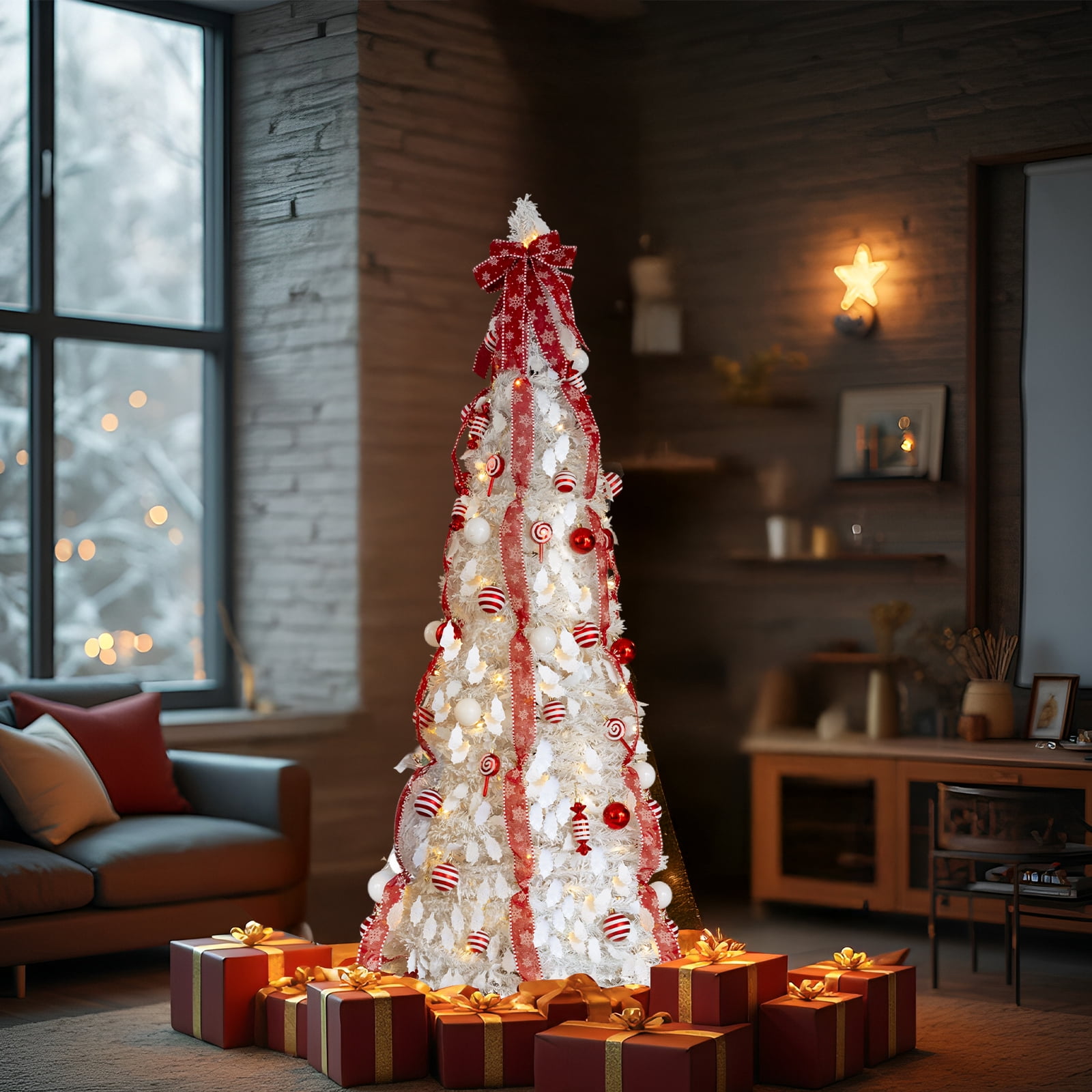Astoutdoor 6 ft Pre-lit Christmas Tree, Pop Up Artificial Xmas Tree with 100 Warm Lights and Red Ornaments, White
