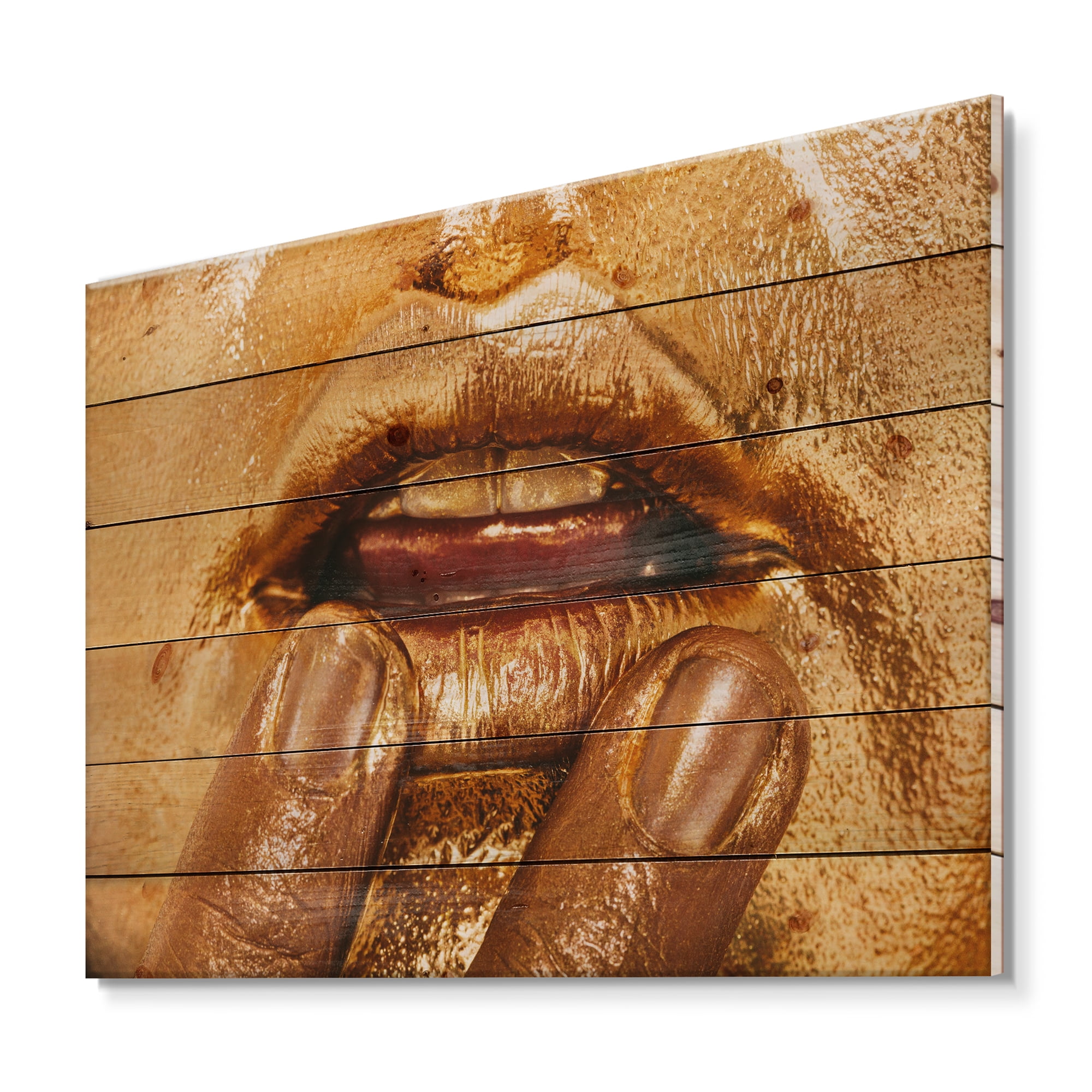 Designart 'Close Up Of Female Lips With Bright Golden Makeup i' Modern Print on Natural Pine Wood
