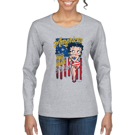 Wild Bobby Betty Boop America Land of the Free Home of the Brave Betty Boop Womens Long Sleeve T-Shirt, Heather Grey, Medium