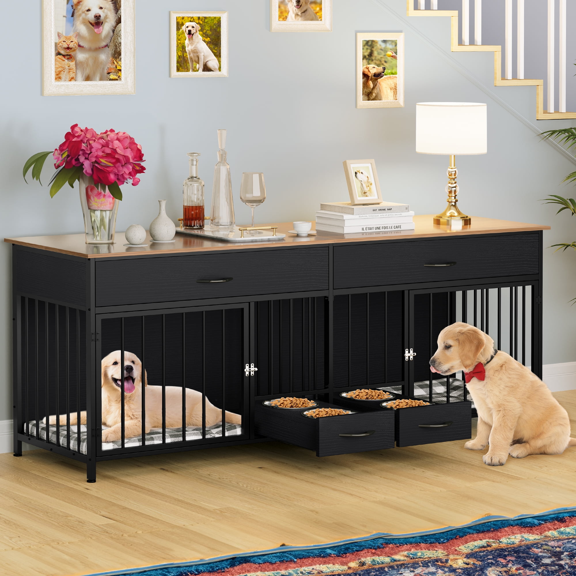 Dextrus Indoor Dog Crate Furniture Large Breed with Storage&Dog Feeder, Double Dog Kennel Furniture TV Stand, 74.8" Inch Wooden Decorative Dog Kennel Furniture for 2 Dogs, Black