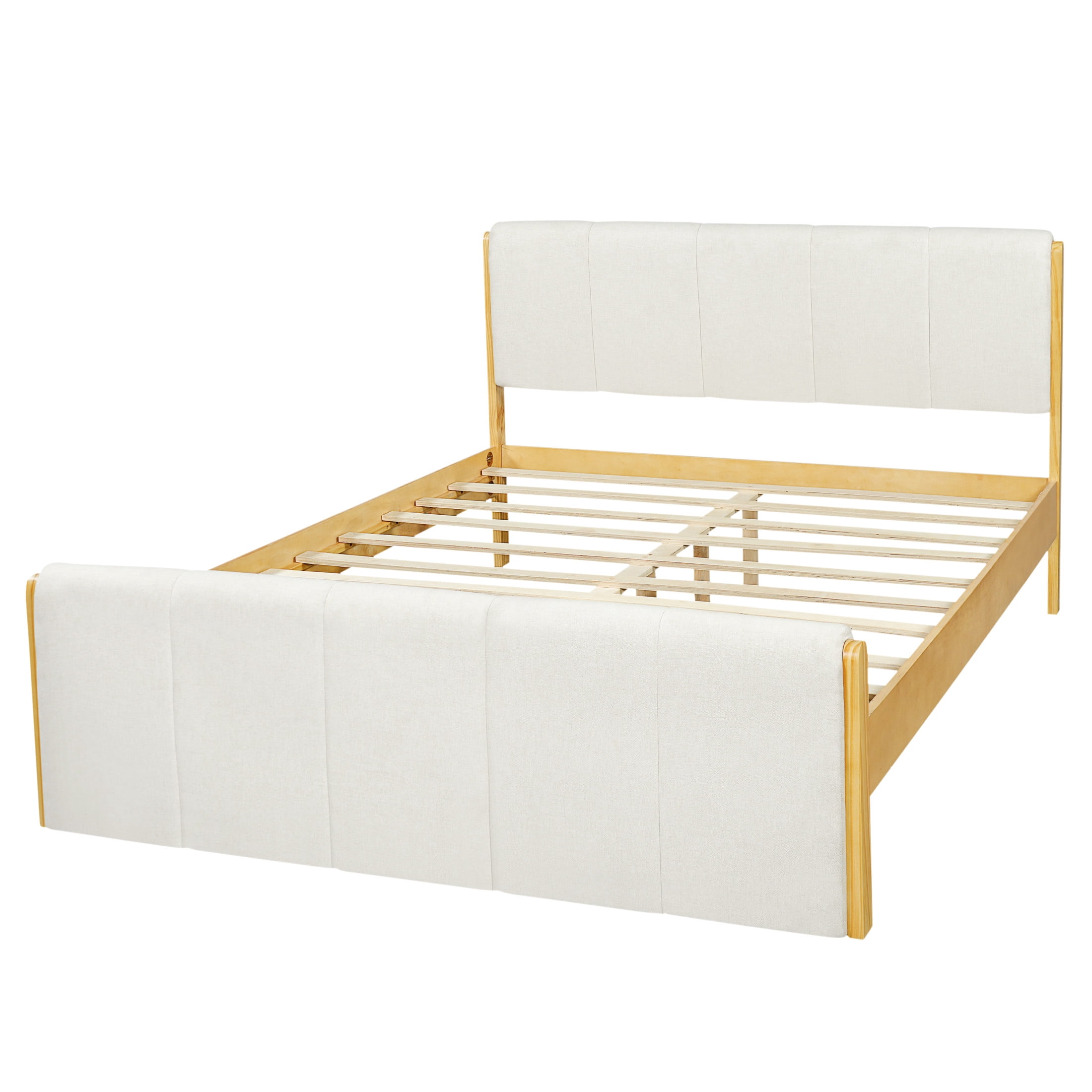 Christopher Knight Home Queen Upholstered Bed Frame, Platform Bed with Wood Trim, White + Natural