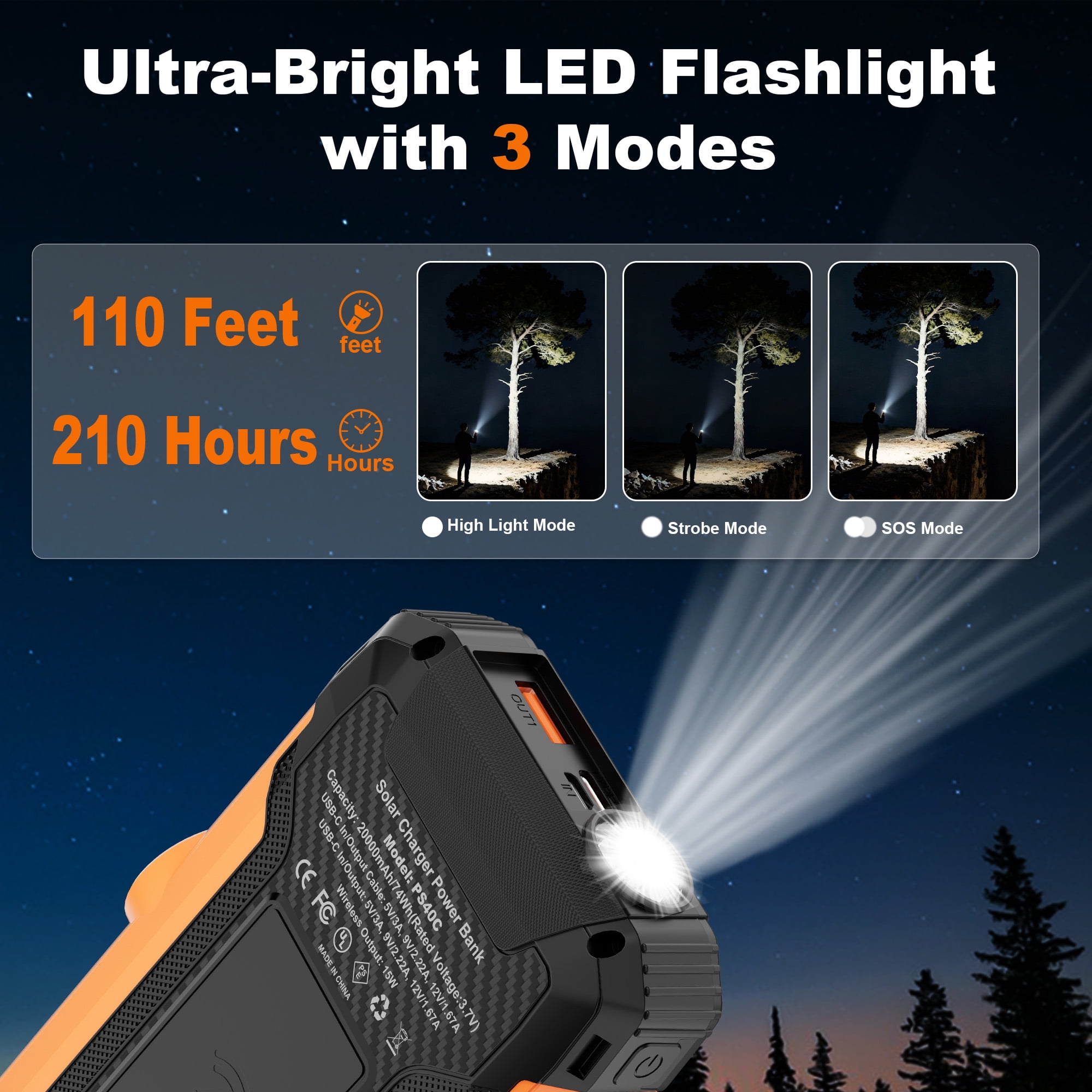 SOLPOWBEN 20000mAh Solar Charger Power Bank, 22.5W Fast Charging Solar Power Bank, 15W Portable Wireless Charger Built in Hand Crank and Retractable Cord Compatible for iPhone/Android Phone