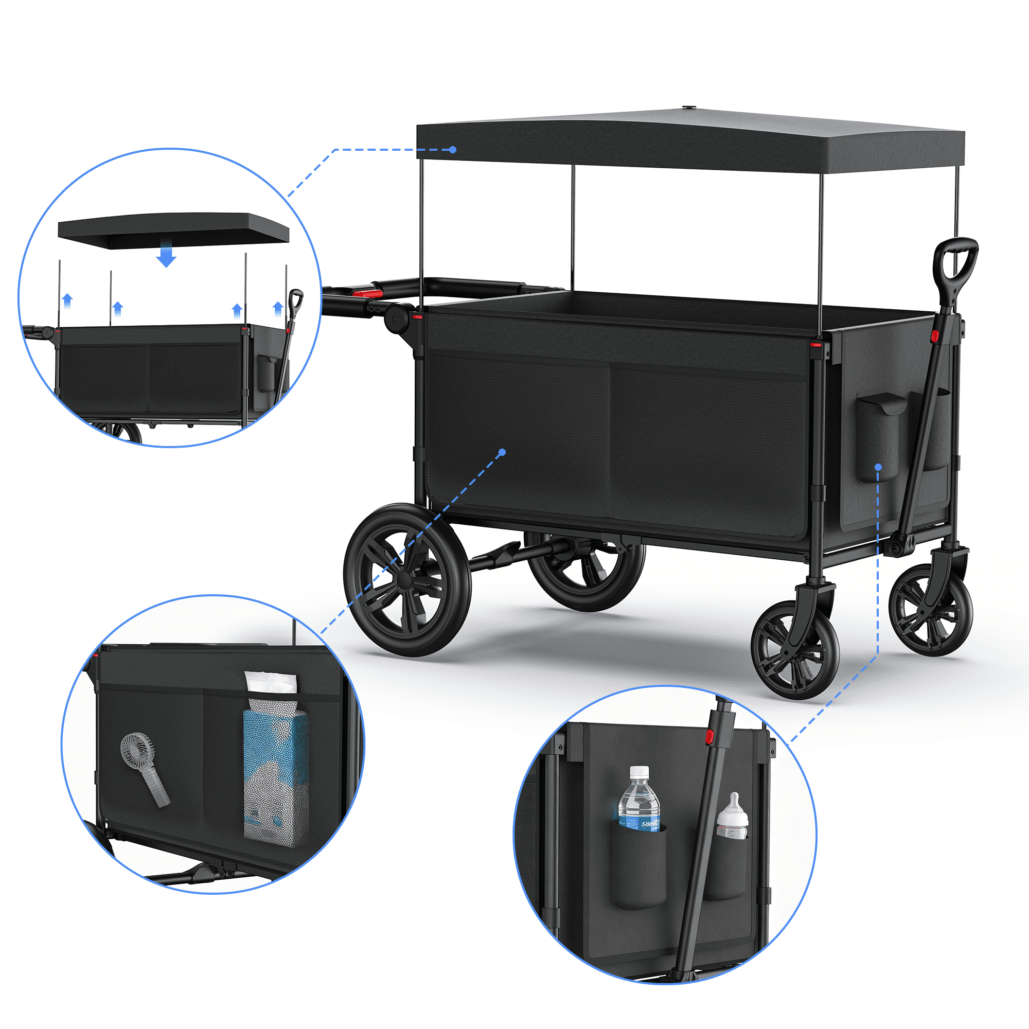 SaveJoy Stroller Wagon 4 Passenger, 4-Seater Wagon Stroller for 4 Kids with Canopy Parent Organizer & 5-Point Harness, Black