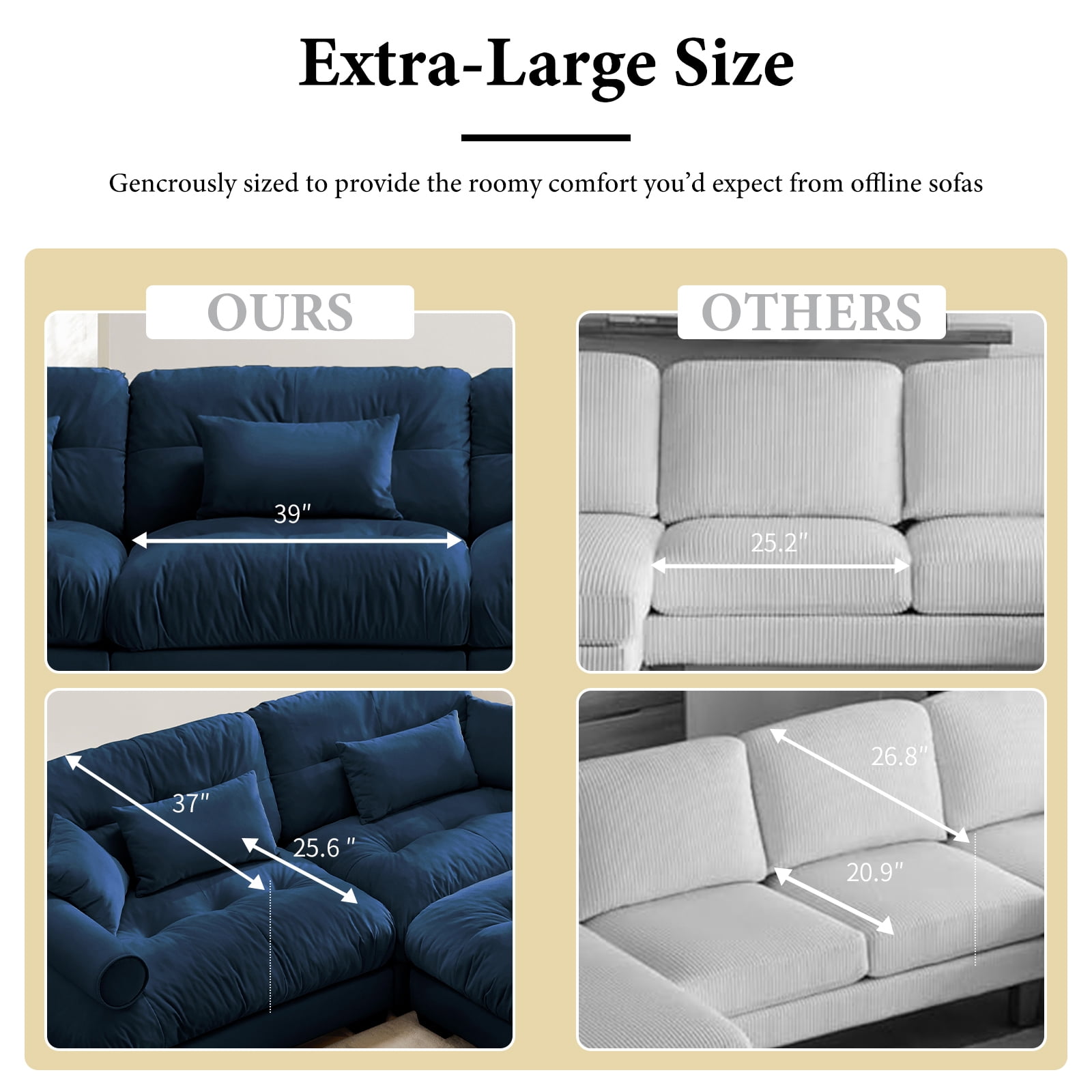 130"Oversized Couch, 3 Seater Modular Sectional Sofa, Blue Large U Shaped Sectional Couches for Living Room, Fluffy Couch Set, 3 Seater, Velvet Cloud Couch with Ottoman, Sofas for Living Room