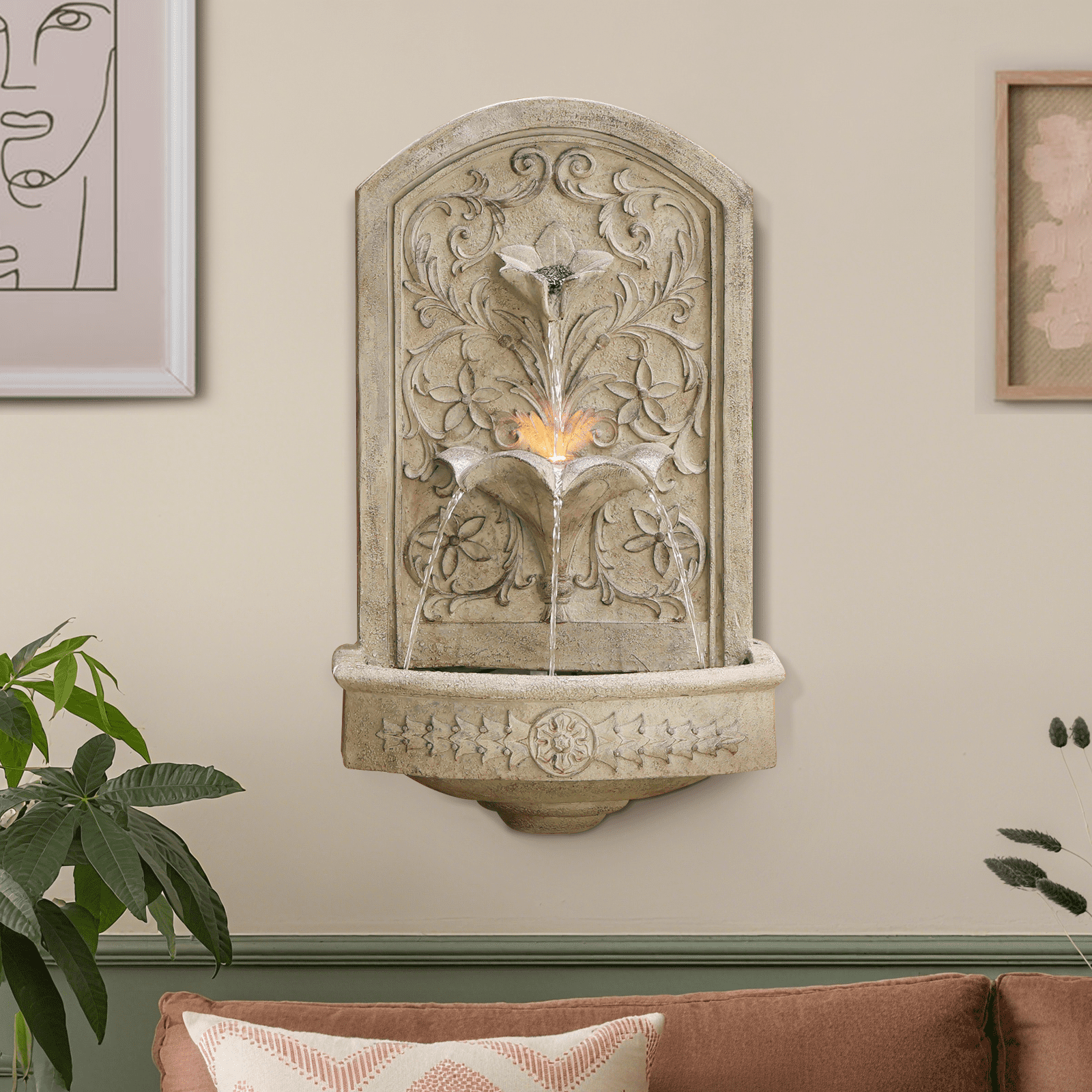 Vintage Wall-Mounted Outdoor Fountain, 28.3" H Resin Garden Water Feature with Floral Carving, Decorative Antique Wall Waterfall for Patio, Yard, Porch & Home Décor