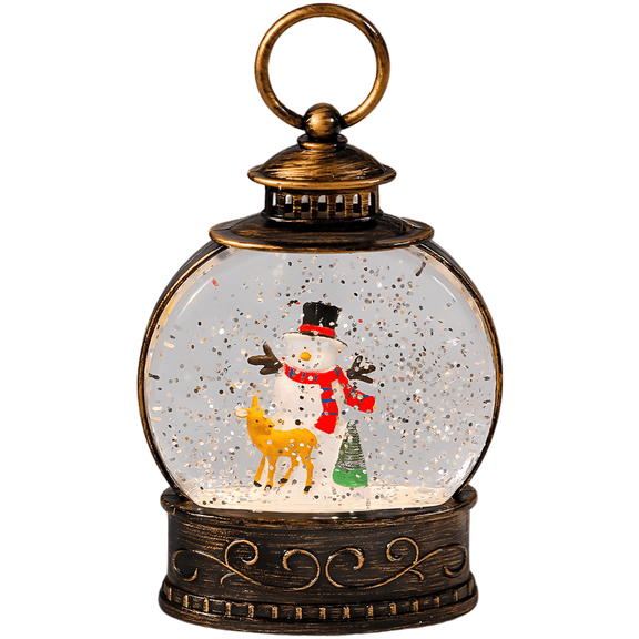 Christmas Snowman Snow Globe Lantern, 5.9 x 3.1 x 1.6 in / 15 x 8 x 4 cm Retro Glitter Globe, Battery Operated LED Light, Bronze Decorative Holiday Present for Home Tabletops, Festivities