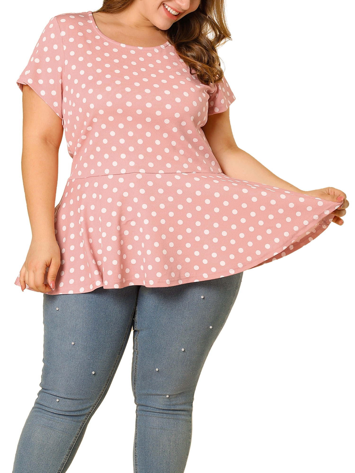 Unique Bargains Women's Plus Size Short Sleeves Polka Dots Outfits Fashion Peplum Blouse