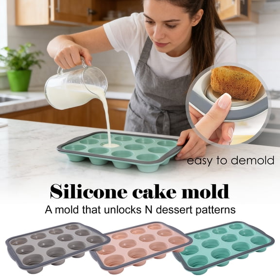 12 Cup Silicone Cupcake Pan Food Grade Muffin Tin with Easy Grip Handles for Non-Stick Baking of Brownies and Breakfast Egg Bites, Mint Green