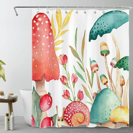 HVEST Boho Mushroom Shower Curtain for Bathroom Decor,Colorful Natural Botanical Shower Curtain with Hooks,Cute Snails among Plants Polyester Waterproof Durable Fabric Bath Accessories 60 X 72 Inches