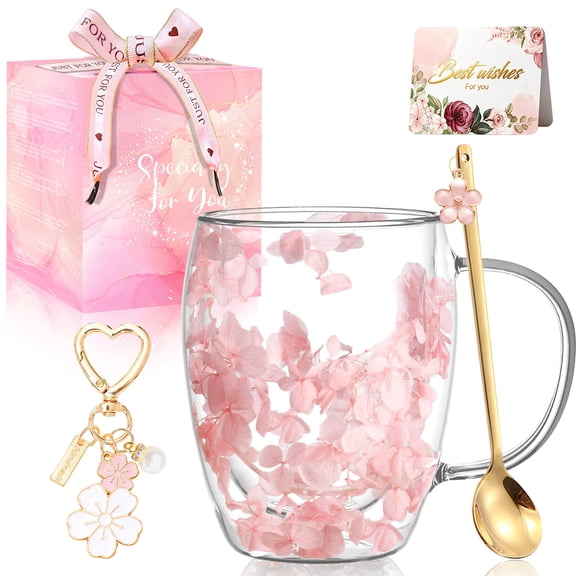 Gifts for Women Dried Flowers Double Wall Glass Coffee Mugs Cute Glass Tea Cups with Handles Autumn Mug Christmas Birthday Gifts for Best Friend Teacher Mum Gift New Home Gift Ideas Home Decor