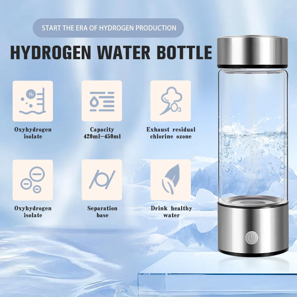 H2next Hydrogen Water Bottle, Hydrogen Water Generator with SPE & PEM Technology, Portable, 14.2 OZ, Silver