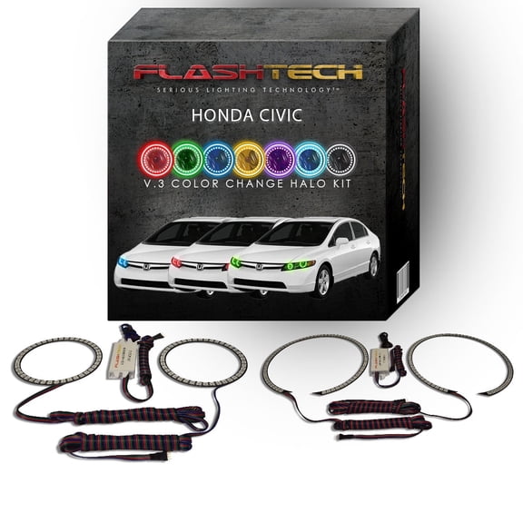 Flashtech RGB Multi Color Changing LED Halo Ring kit for 2006-2008 Honda Civic Headlights