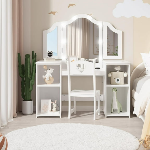 Kids Vanity with Lights - 2-in-1 Princess Makeup Desk & Chair Set with Lighted Mirror, Storage & Pretend Play Dressing Table