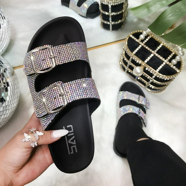 Verano degradado color suave cerrojo moda plana sandalias de diamantes de imitación zapatos de mujer Wmkox8yii hj789