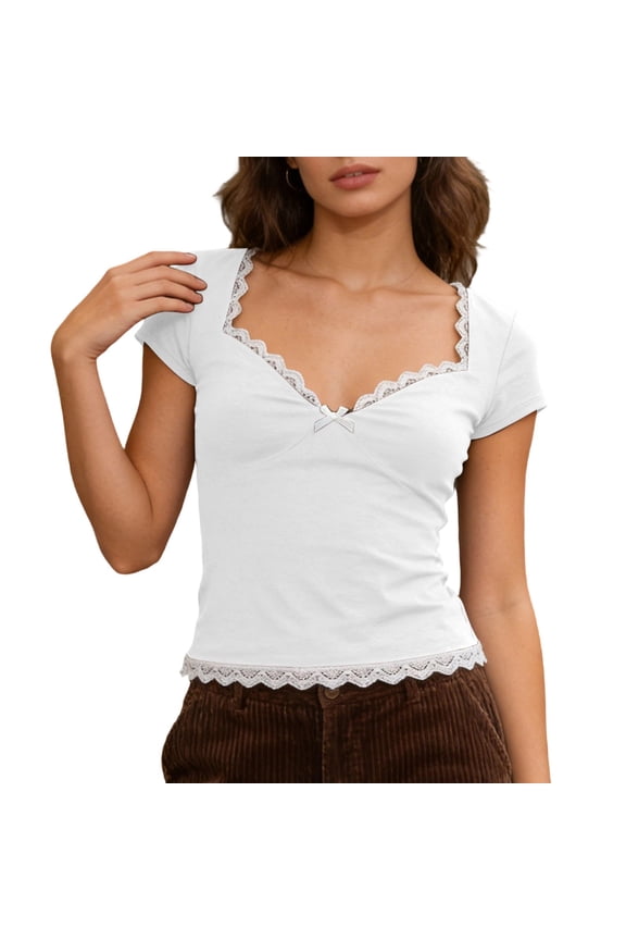Going Out Tops For Women Sweet heart V Neck Lace Edge Short Sleeve Shirts Fitted Soft Stretchy Womens Tops Fashion Casual Summer Tops For Dating Party Club Daily Wear