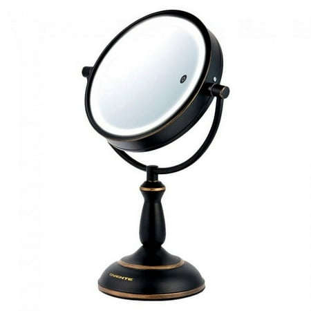 Ovente Lighted Vanity Mirror Tabletop, 7.5'' 1X 10X Magnifier, Adjustable Double Sided, 3 Tone Smart Round LED, 15 Min Auto Shut Off Timer, Battery & AC Plug Powered, Oil Rubbed Bronze MPT75BZ1X10X