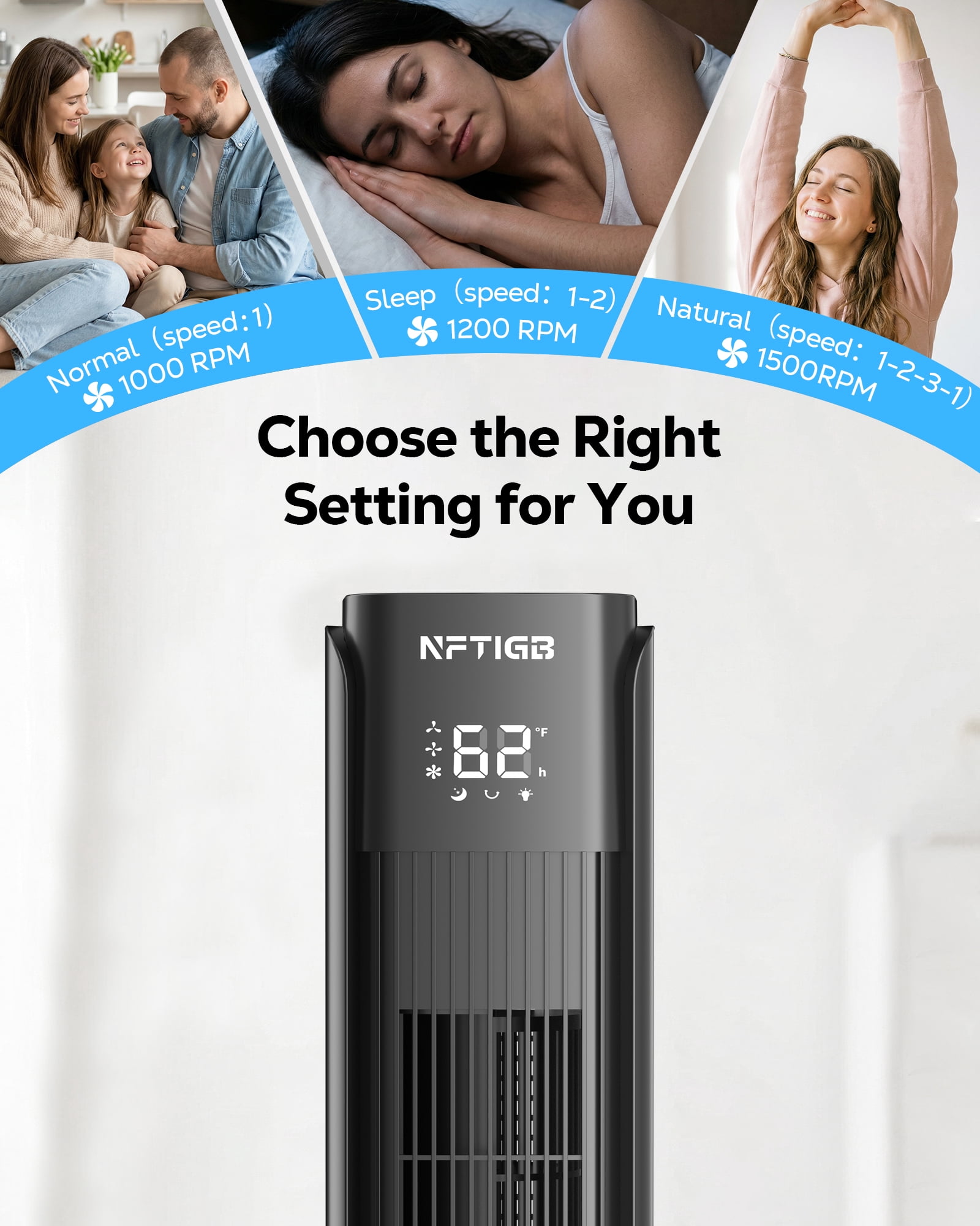 NFTIGB 36-Inch Tower Fan Quiet Oscillating Floor Fan with 3 Speeds, 3 Modes, 12H Timer, Bladeless Standing Fan for Home, Black