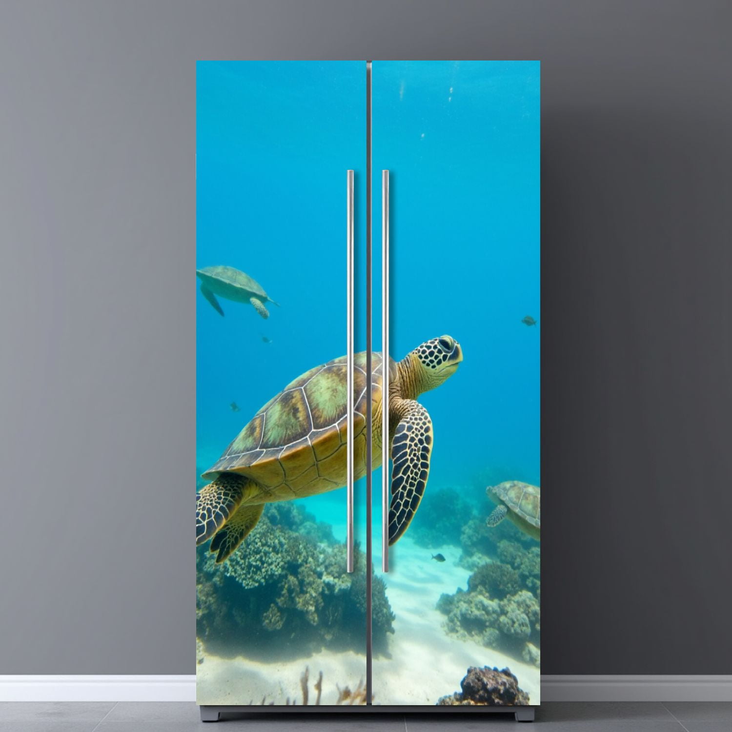 Self Adhesive Vinyl Refrigerator Wrap Set Beautiful Hawaiian Green Sea Turtle Door Mural Removable Fridge Sticker Peel and Stick&nbsp;Full Door Cover Decal Kitchen Bar Decor
