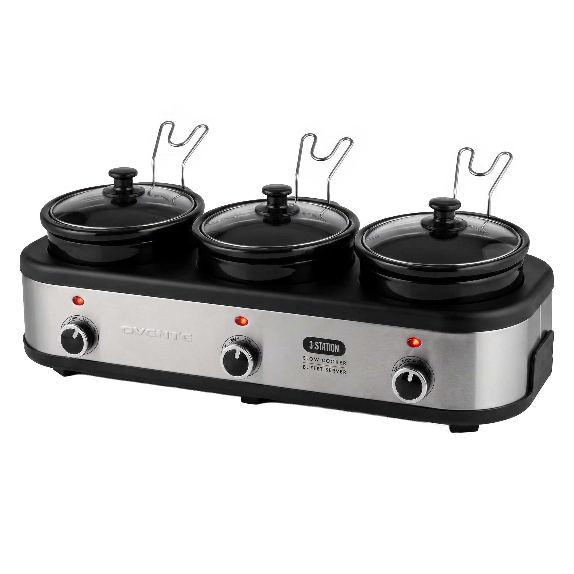 OVENTE Electric Triple Slow Cooker, 4.5Qt Buffet Server, Silver SLO315CBR | 300W Three 1.5Qt Pots, Adjustable Heat Settings, Easy to Monitor & Clean, Perfect for Entertaining, Portable Buffet Server