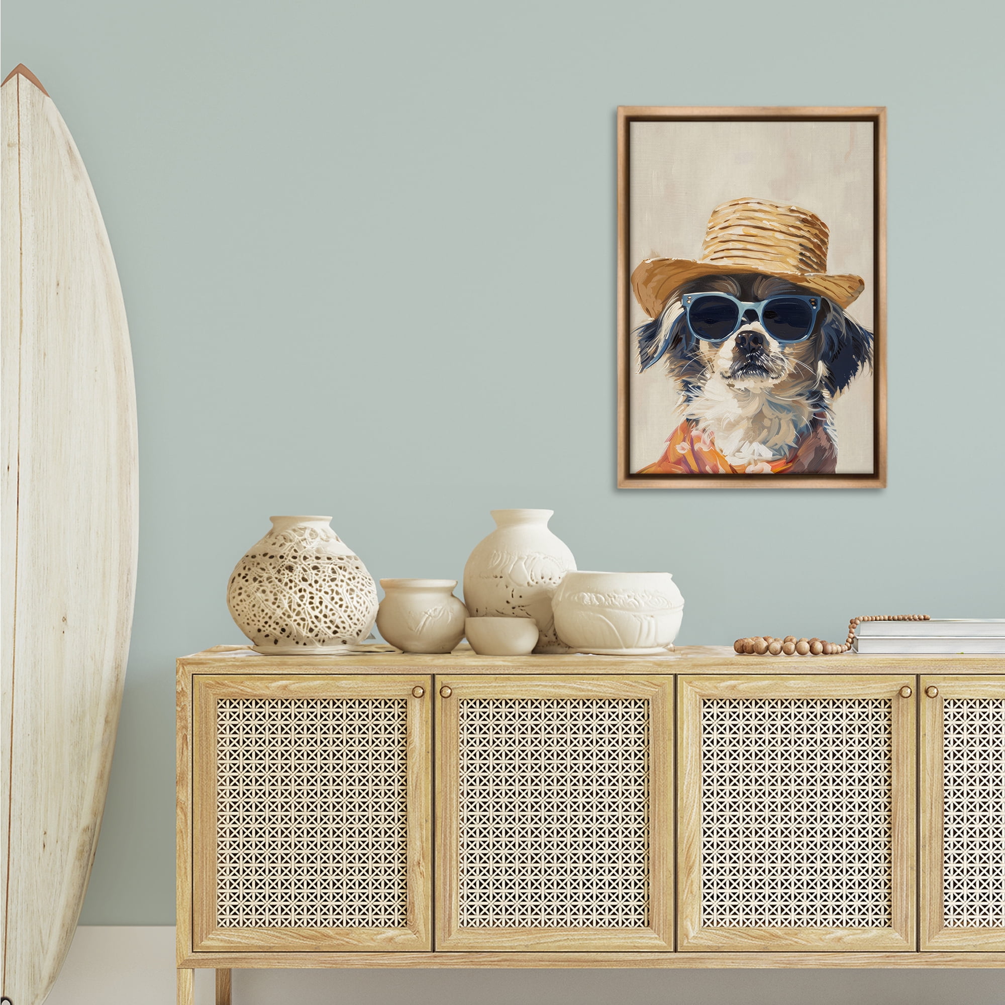 Stupell Industries Beach Vacation Pup Animals & Insects Painting Brown Floater Framed Canvas Art Print Wall Art, 21 x 31