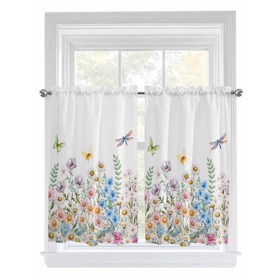 Wildflowers Bathroom Window Curtain, Farmhouse Country Dragonfly Butterfly Floral Light Filtering Coffee Kitchen Curtains, Bedroom Living Room Curtains 2 Panel 84"x54"
