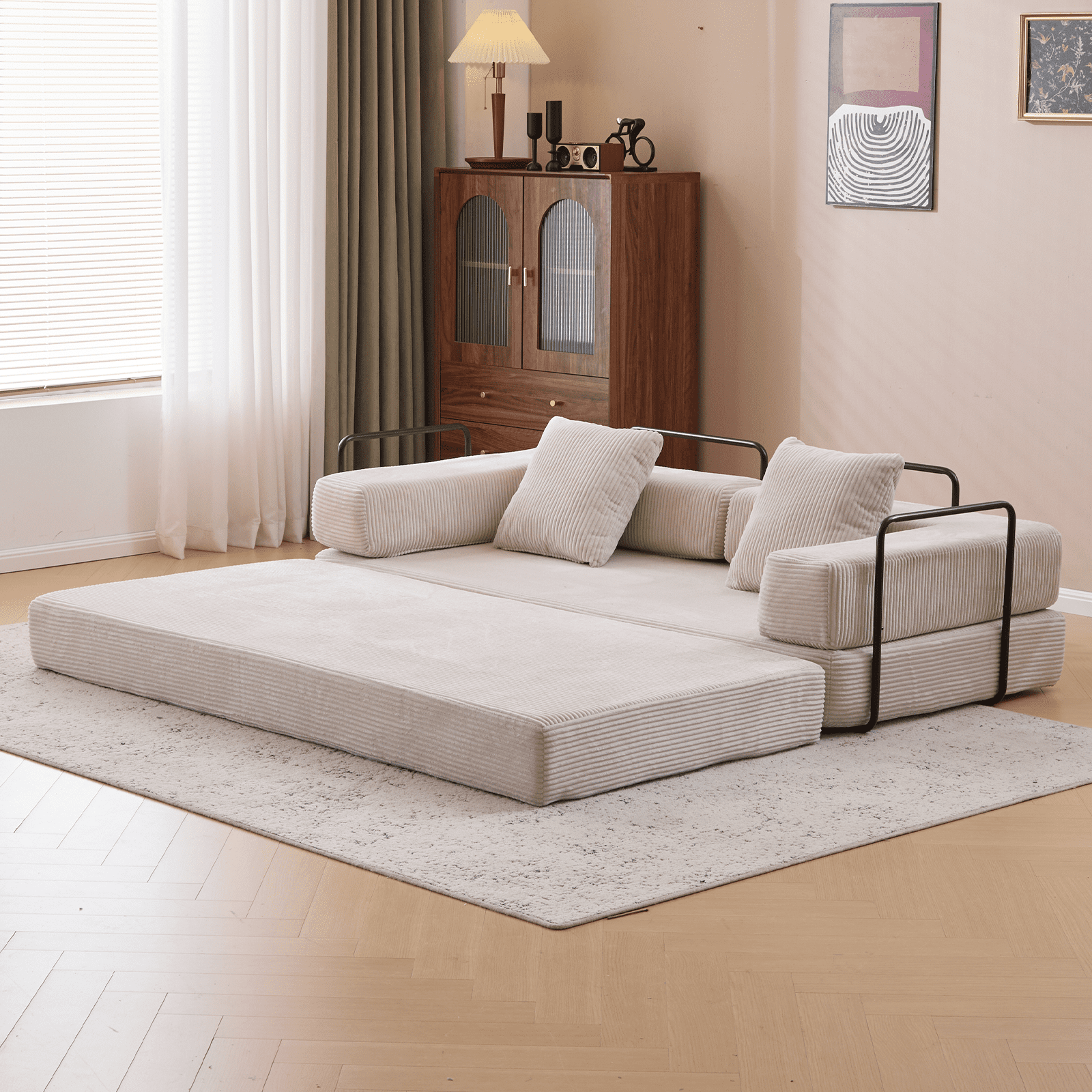BSHTI Convertible Sofa Bed with Pillows, Chenille Folding Floor Sofa, High Rebound Density Sponge Boneless Couch for Living Room Bedroom Apartment Office, No Assembly Required, Light Gray
