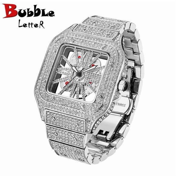 Bubble Letter SKELETON RED DIAL VVS Man ICED OUT DESIGNER WATCH Relogio Mascu Stainless Steel Moon Phase Men's Automatic Chronograph WATCH Waterproof Chronograph Dress WATCH