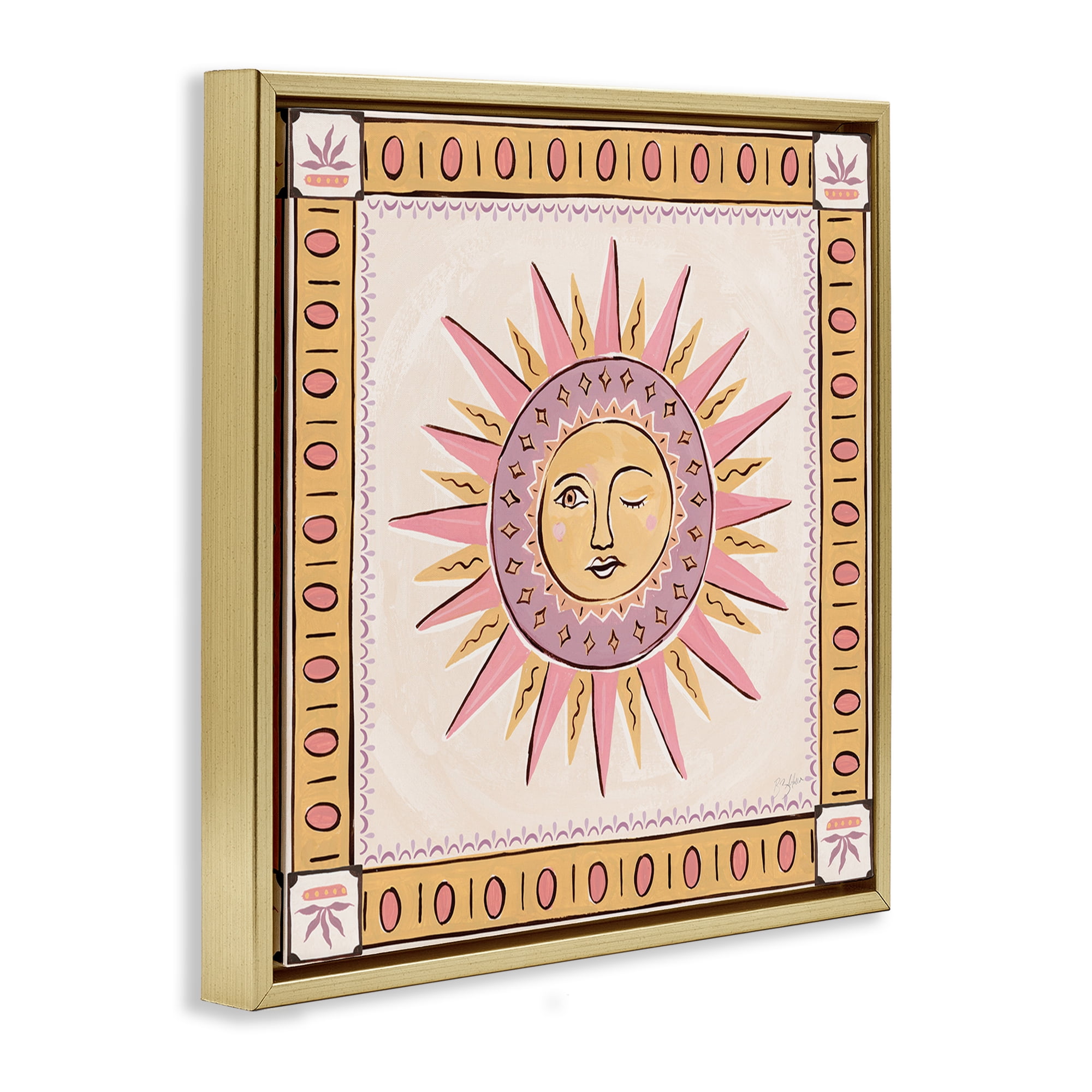 Stupell Industries Pastel Winking Sun with Border Gold Framed Floater Canvas Wall Art, design by Two If By Sea Studios