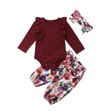 

Cute Newborn Baby Girls Cotton Tops Romper Floral Pants 3Pcs Outfits Set Clothes