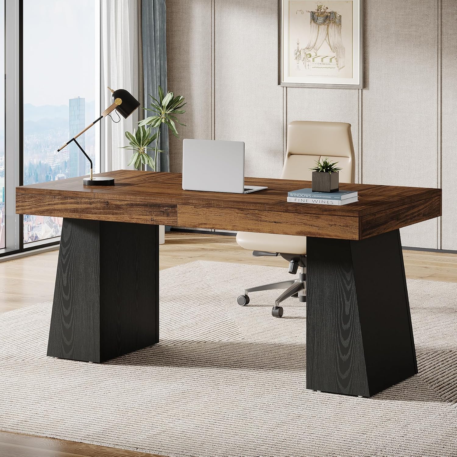 Tribesigns 55" Home Office Desk, Mid-Century Modern Executive Desk, Wood Computer Desk, Black & Brown