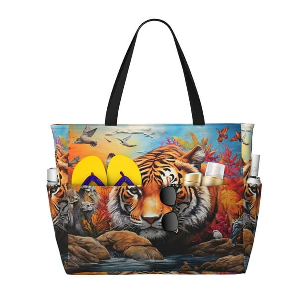 Fotbe Colorful Plant Tiger Bolsa de Viaje para Playa - Resistente al Agua, Bolsa Tote de Gran Capacidad y Ligera con 7 Bolsillos para Mujeres y Hombres