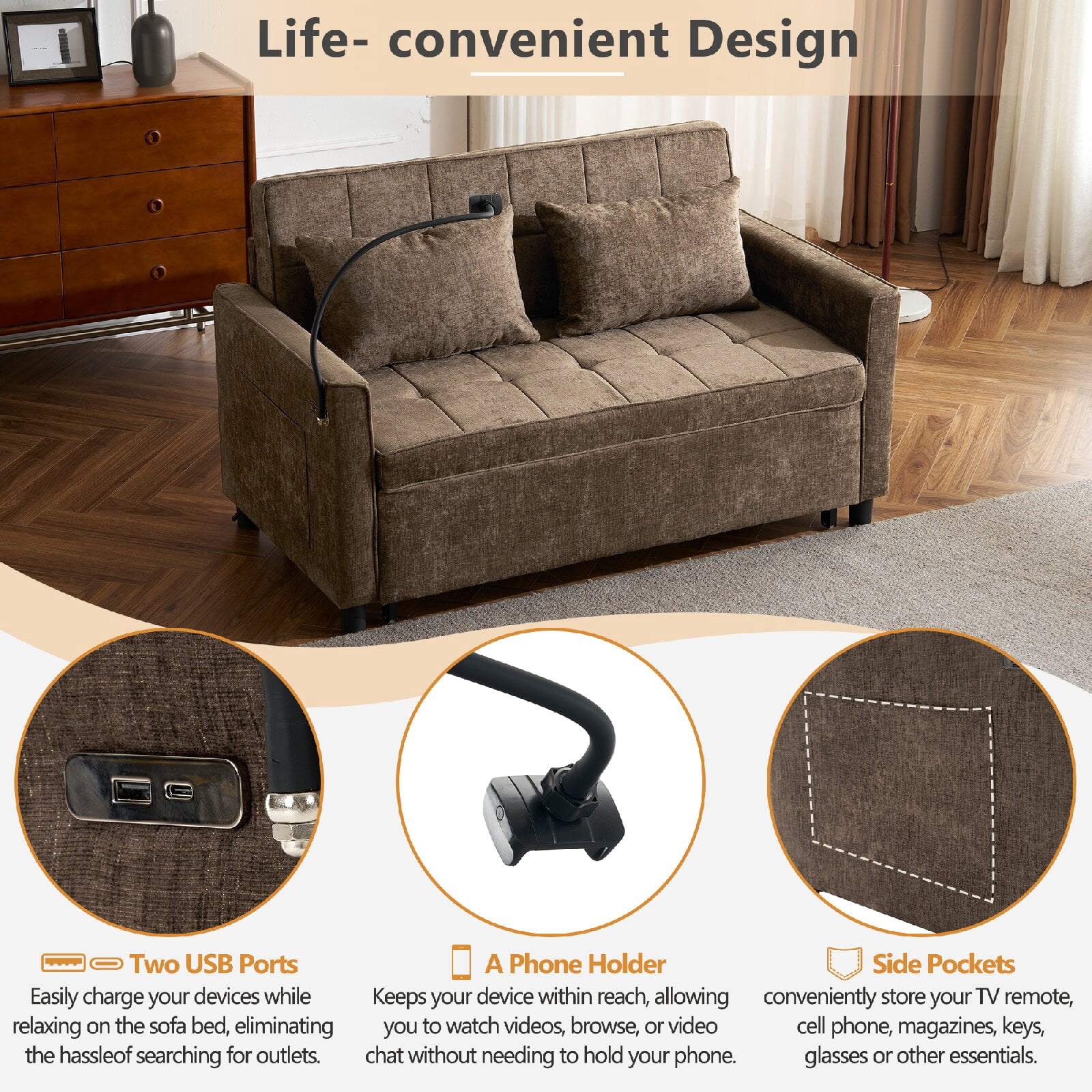 56.9" Loveseat Sofa Pull-out Sofa Bed with Charging Station and Side Pockets, Sleeper Sofa with a Reversible Backrest Cushion and  Phone Holder for Living Room, Apartment, Brown