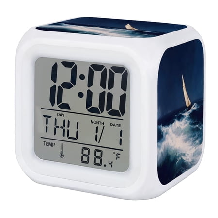 Nautical Sailing Boat Digital Alarm Clock for Bedrooms, Smart LED Alarm Clock with 7 Color Changing Night Light, Blue Coastal Ocean Sea Waves Silent Wake Up Clocks for Sleep Study Cooking 3.2x3.2