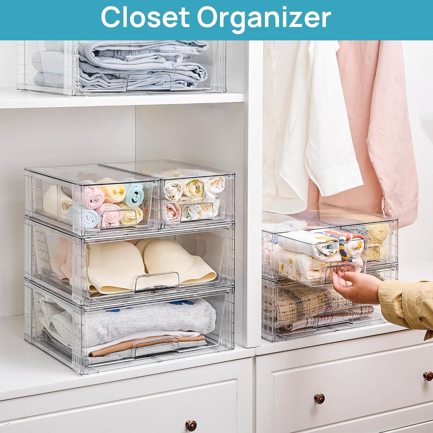 Stackable Storage Drawers, Easily Assemble Acrylic Bathroom Undersink Organizers, Clear Plastic Storage Bins for Closet, Cabinet, Pantry Organization