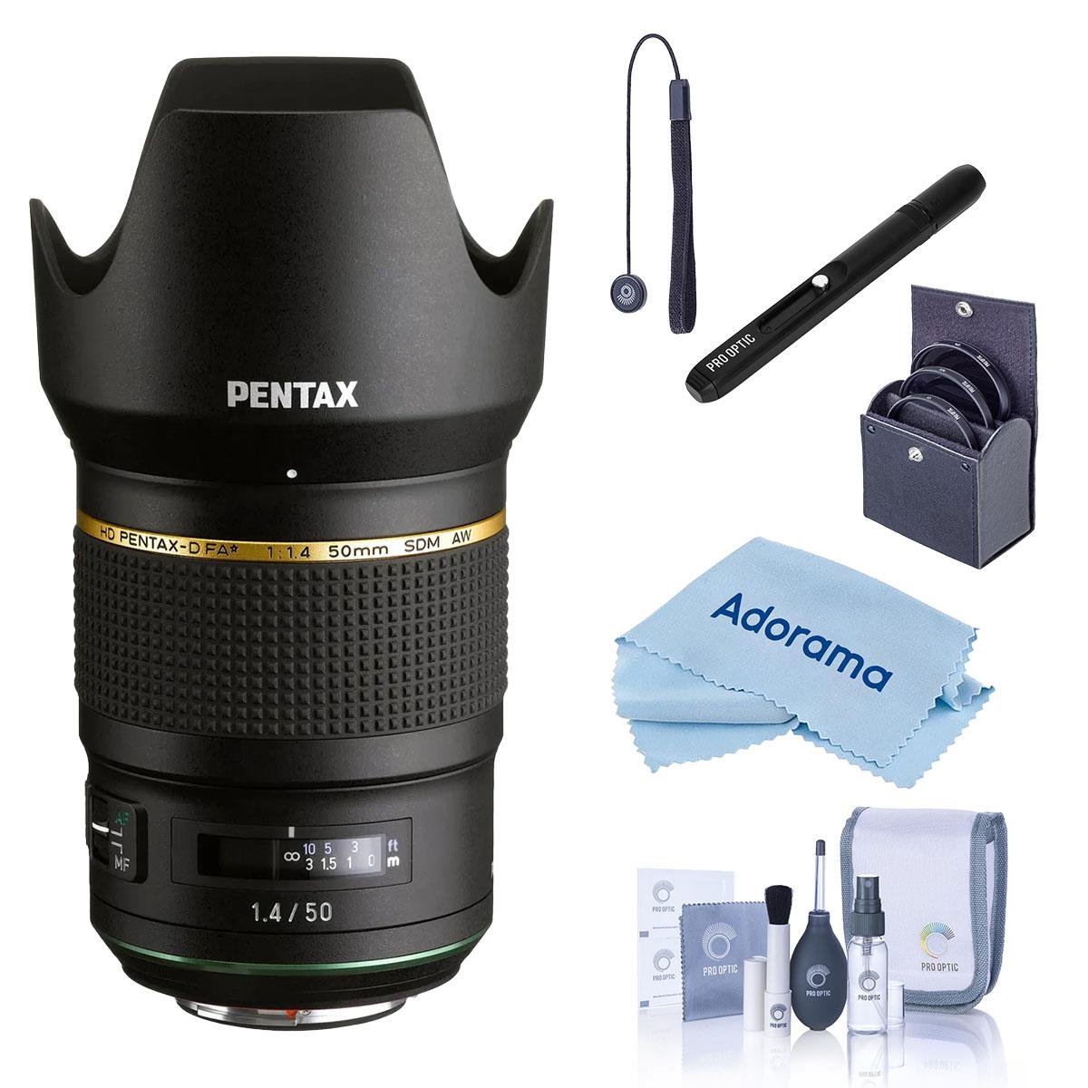 Pentax HD Pentax-D FA 50mm f/1.4 SDM AW Lens Black Bundle with 72mm Filter Kit Cleaning Kit Cleaning Cloth Lens Cap Tether Lens Cleaner