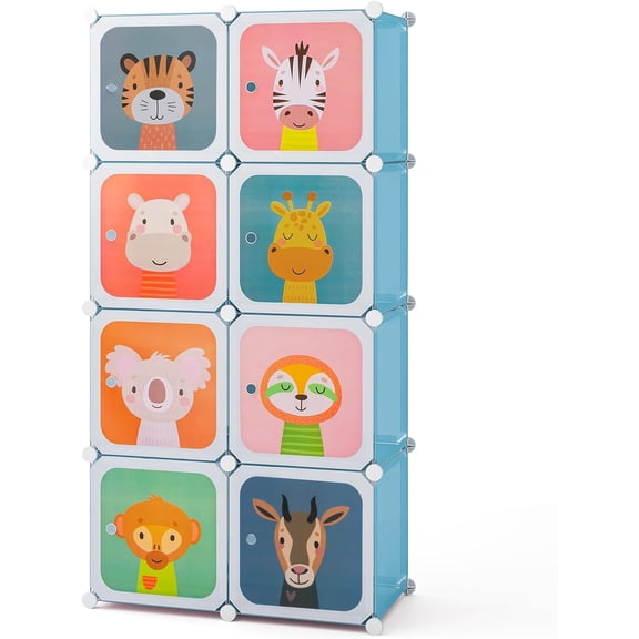 Kids Closet, Cartoon DIY Modular Dresser Storage Organizer with 8 Cubes & Clothes Hanging Rack, Portable Armoire for Baby Toddlers, Kids Wardrobe for Bedroom Nursery, Blue