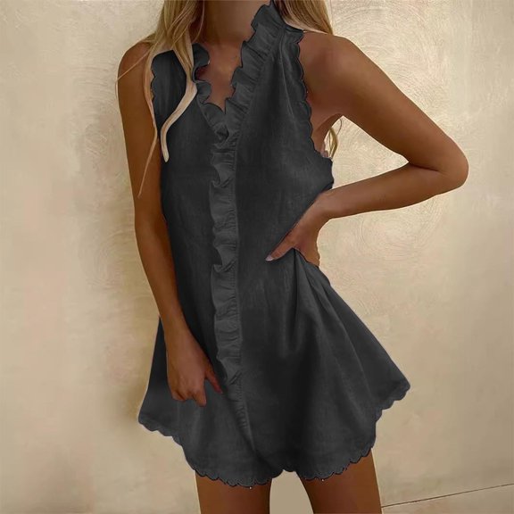Ayolanni A-Line Dresses for Women V-Neck Y2K Midi Solid Color Dress Dating Cotton Linen Off the Shoulder Sleeveless Ruffle Sundress L