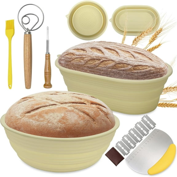 ‎Svailse Banneton Bread Proofing Basket, Silicone Sourdough Bread Baking Supplies, Set of 2 Proofing Bowls, 9 Inch Round & 10 Inch Oval Foldable Baskets, Bread Making Tools & Starter Kit