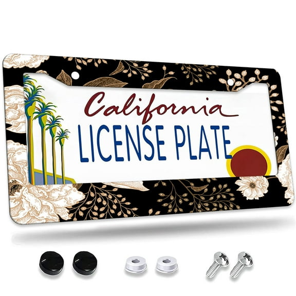 1 Pcs Black Background with Gold toned Floral Design License Plate Frame,License Plate Cover for Car Decorative Parts,Aluminum License Plate Bracket Holder Rust-Proof for US Standard Car