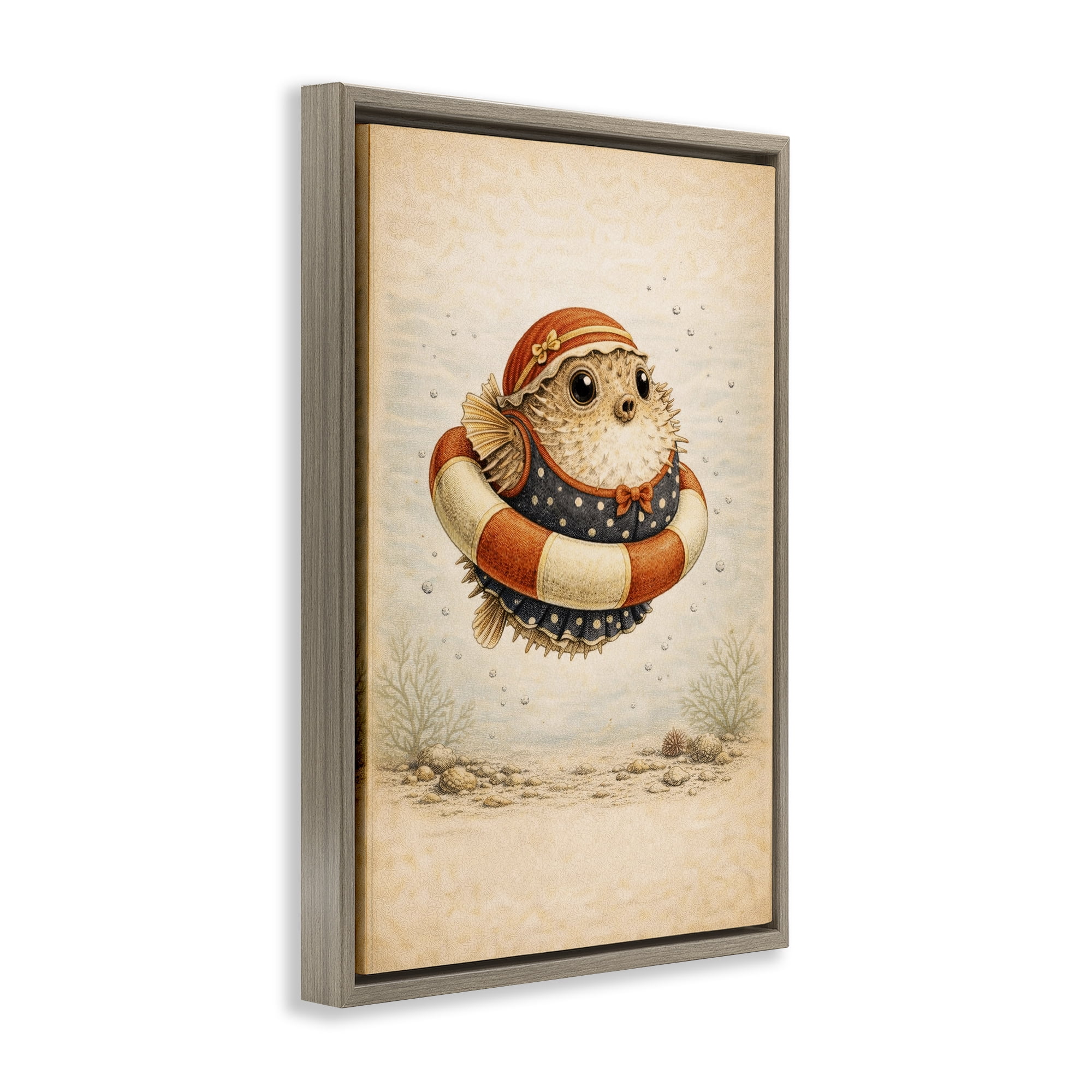 Stupell Industries Pufferfish Of Maritime Bathing Society Brown Framed Floater Canvas Wall Art, design by Grotto Studios