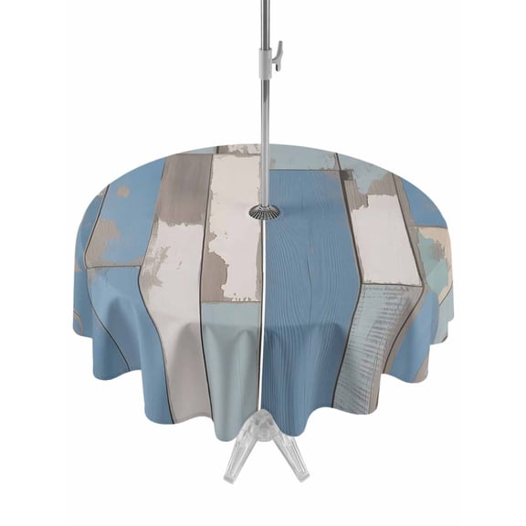 Outdoor Tablecloth with Umbrella Hole Zipper Blue Wood Grain Round Tablecloth 60" Waterproof Outside Table Cloth Farmhouse Mottled Striped Plank Patio Table Cover Tablecloths for Picnic Party
