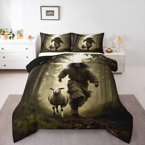 Homewish Farmhouse Sheep 2pcs Bedding Comforter Set For Children Kids Teens,Jungle Woodland Twin Comforter Sets,Rustic Animal Breathable Bedding Set,Luxury Bedroom Decor,Reversible