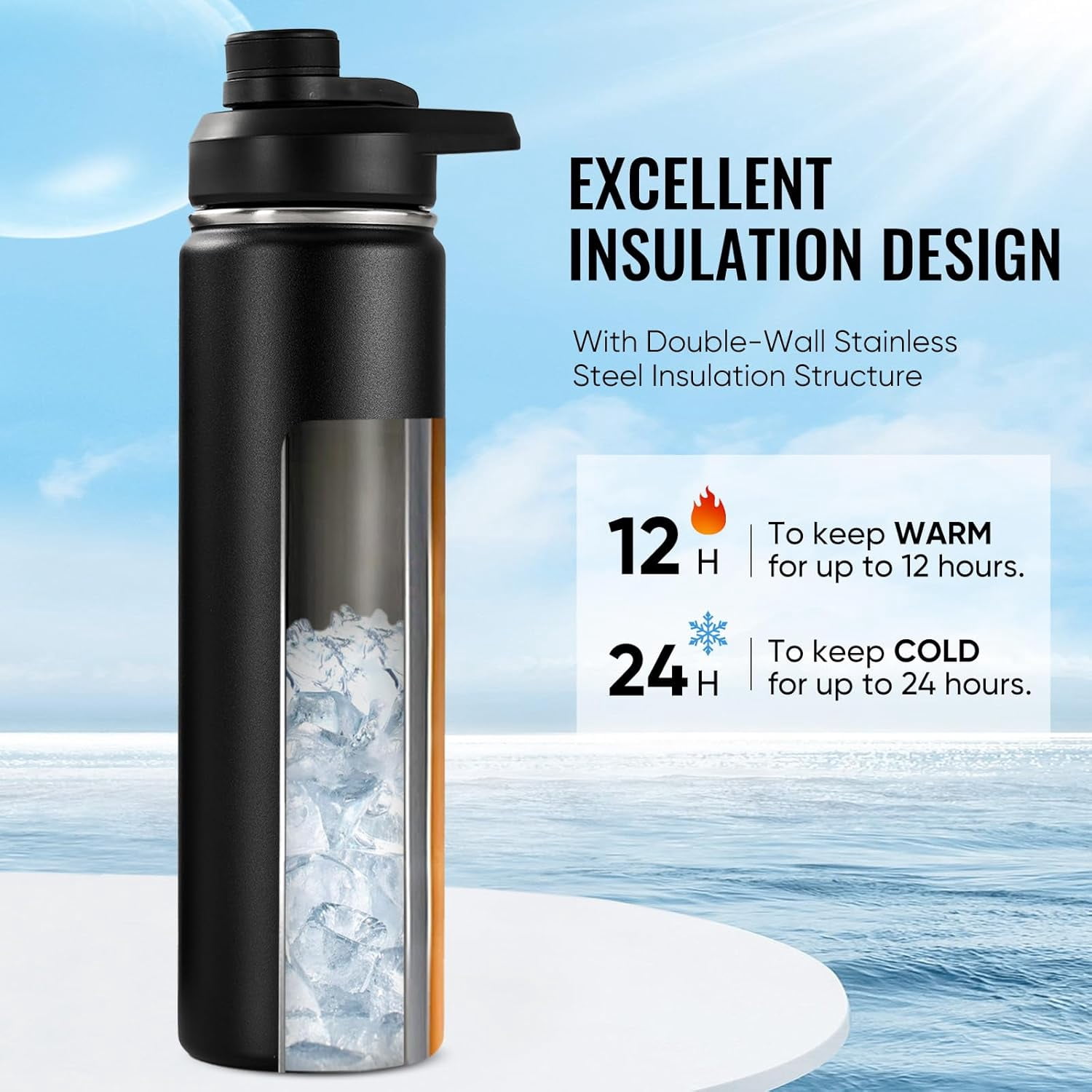 EP 24 oz Insulated Water Bottle with Handle, 304 Stainless Steel Water Bottles with 2 Lids, Double Wall Vacuum Sports Water Cup with Straw, BPA Free, Keep Cold and Hot, Black