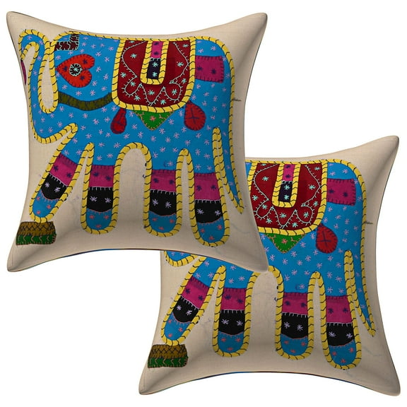 Stylo Culture Indian Settee Sofa Throw Pillow Covers 16 x 16 Applique Patchwork Blue Yellow Bohemian 40x40 cm Bed Room Cotton Elephant Square Cushion Covers | Set Of 2