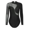 thumbnail image 3 of TiaoBug Women Rhinestone Color Block Ballet Dance Leotard Sheer Mesh Long Sleeve Gymnastics Bodysuit Tops Black M, 3 of 7