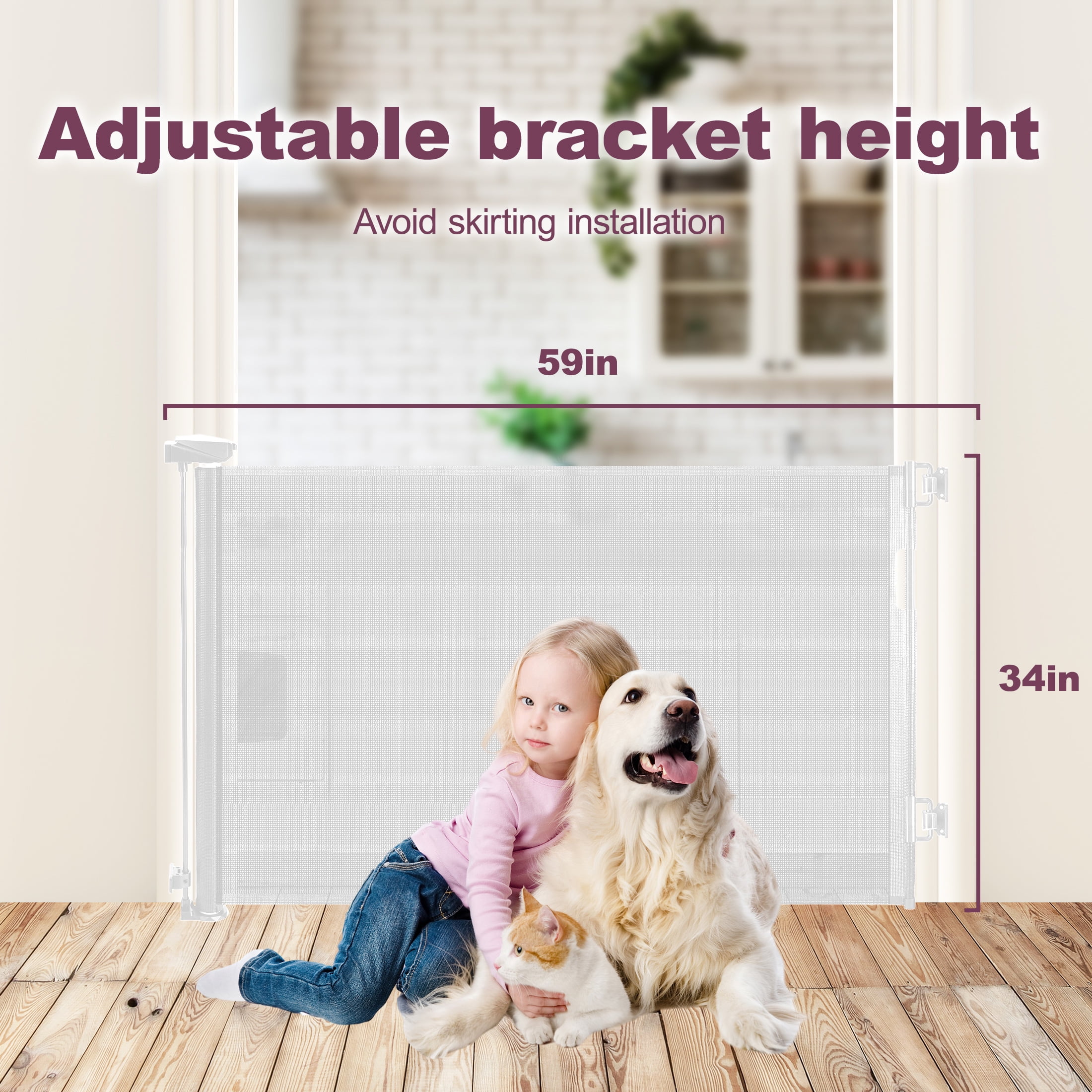 HioHa Hardware-Mounted Baby Gate, 59" Retractable Safety Gate with Auto-Lock Mesh Barrier for Stairs & Doorways, Child Proof,White