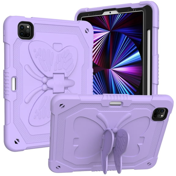 Case For Apple iPad Air 4 / iPad Air 5 / iPad Pro (11 inch) Butterfly Wings Kickstand 3in1 Tough Hybrid with Pencil Holder Heavy Duty Rugged Shockproof Full Protective Tablet Cover [ Purple ]