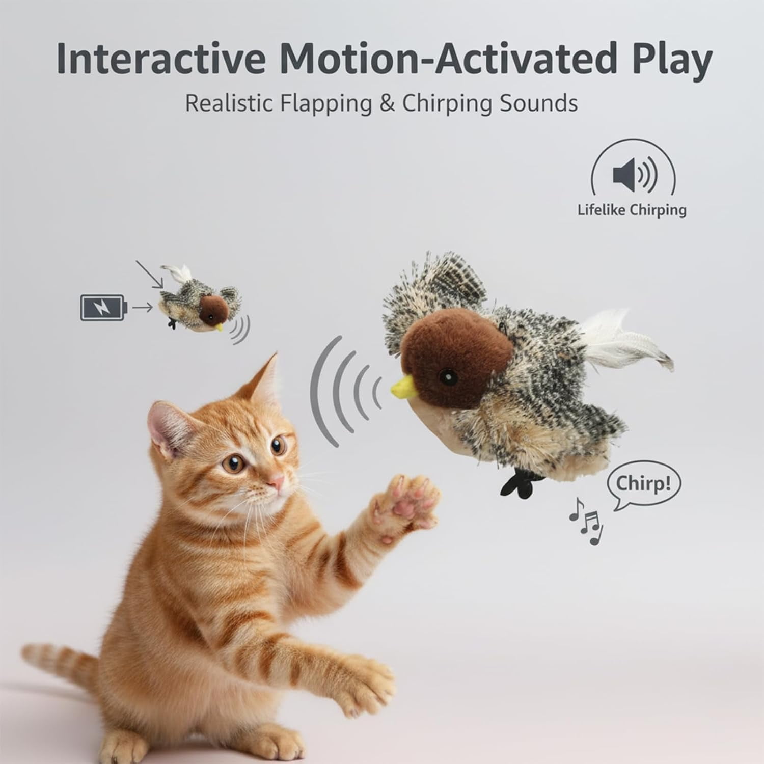 Flapping Bird Cat Toy, Sparrow, Rechargeable Interactive Flying Bird with Realistic Flapping Motion and Chirping Sounds, Touch Activated Kitten Toy for Indoor Cats