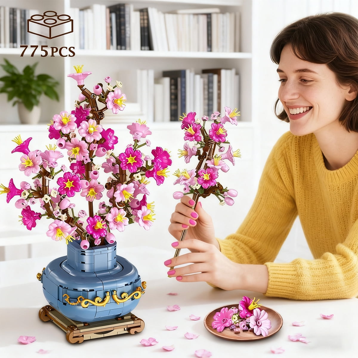 HOGOKIDS Cherry Blossom Bonsai Building Set 2-in-1, 775 PCS Flower Botanical Building Blocks with Display, Artificial Plant Model Kit for Adults Teens, Home Decor Gift